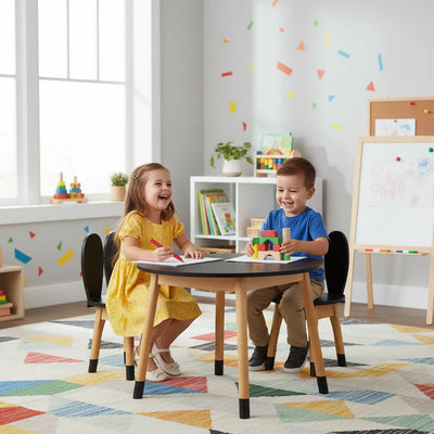 Conjunto Infantil Mesa Redonda com 1 a 4 Cadeiras Coelho/Reta/Urso/Borboleta - MDF Preto / Osmocolor