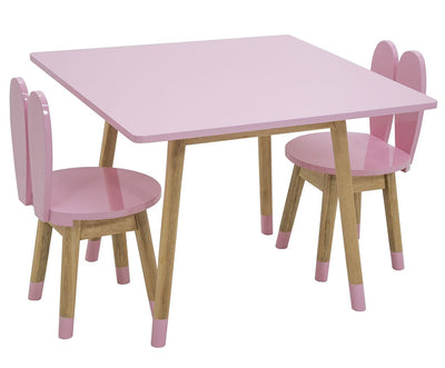 Conjunto Infantil Colorido Mesa com 1 a 4 Cadeiras Coelho Rosa e Madeira + Cores