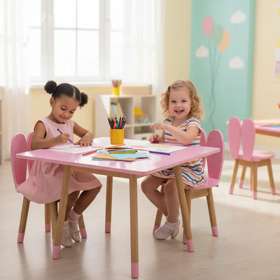Conjunto Infantil Colorido Mesa com 1 a 4 Cadeiras Coelho Rosa e Madeira + Cores