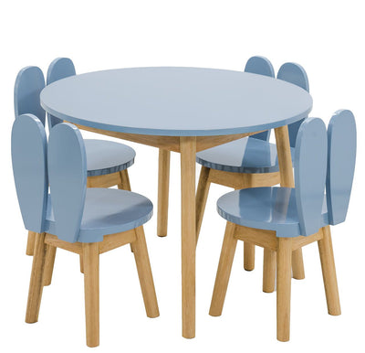 Conjunto Infantil Colorido Mesa com 1 a 4 Cadeiras Coelho Azul Grafite e Madeira + Cores