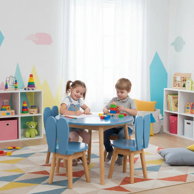 Conjunto Infantil Colorido Mesa com 1 a 4 Cadeiras Coelho Azul Grafite e Madeira + Cores