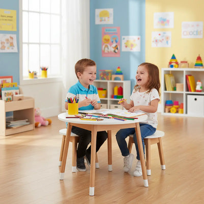 Conjunto Infantil Mesa Redonda com 1 a 4 Banquetas MDF Branco / Osmocolor