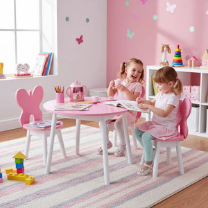 Conjunto Infantil Colorido Mesa com 1 a 4 Cadeiras Borboleta Rosa e Branco + Cores
