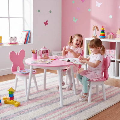 Conjunto Infantil Colorido Mesa com 1 a 4 Cadeiras Borboleta Rosa e Branco + Cores
