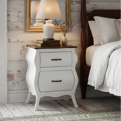 Criado Mudo Bombê Clássico 2 Gavetas Provençal Branco e Tampo Verniz + Cores