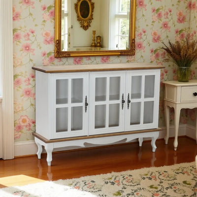 Cristaleira Horizontal Média 3 Portas - Branco Fosco com Tampo e Base em Verniz + Cores