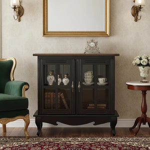 Cristaleira Horizontal Média 2 Portas Preta com Tampo em Verniz + Cores