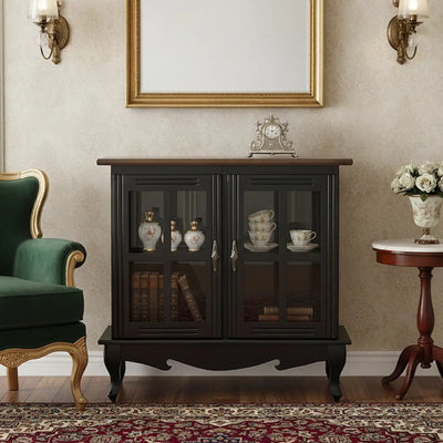 Cristaleira Horizontal Média 2 Portas Preta com Tampo em Verniz + Cores