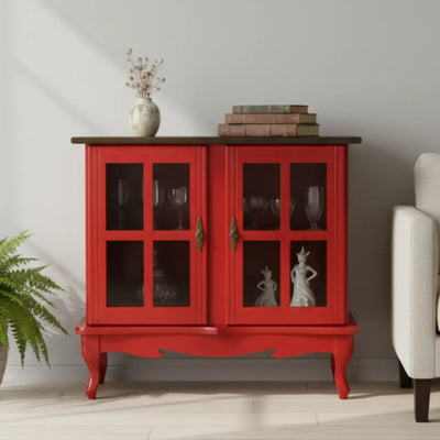 Cristaleira Horizontal Média 2 Portas Vermelha Tampo Verniz + Cores