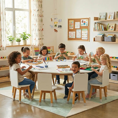Conjunto Infantil Mesa 10 Lugares - Cadeiras Inclusas MDF Branco / Osmocolor