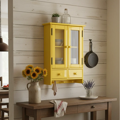 Mini Armário Suspenso com 2 Portas, 2 Gavetas e Cabide - Amarelo + Cores