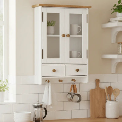 Mini Armário Suspenso com 2 Portas, 2 Gavetas e Cabide - Branco e Cera + Cores