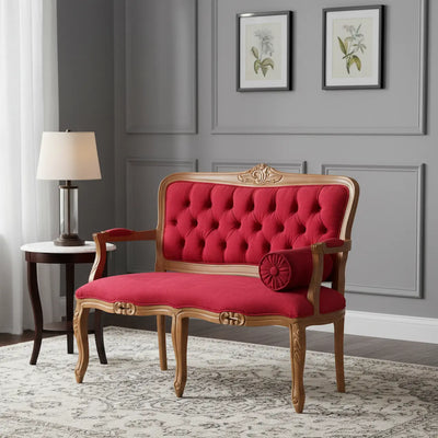 Namoradeira Entalhada Luis XV - Mel e Veludo Amassado Vermelho + Cores