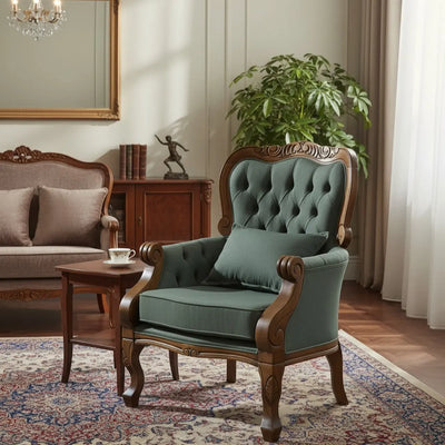 Poltrona Vitoriana Envelhecido Fosco e Linho Verde + Cores