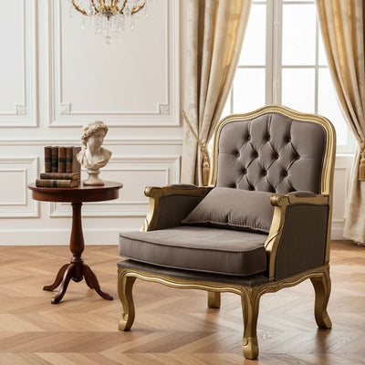 Poltrona King Vitoriana Dourada e Marrom com Capitonê + Cores