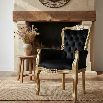 Poltrona Luis XV com Lateral Fechada Dourada e Preta + Cores