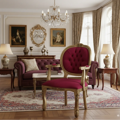 Poltrona Medalhão II Entalhada Dourado Envelhecido e Vermelho + Cores