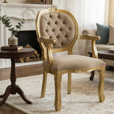 Poltrona Medalhão II Entalhada - Dourado e Bege Escuro + Cores