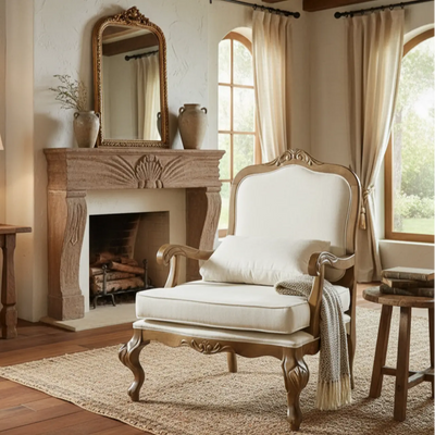 Poltrona Rei Luis XV - Imbuia e Linho Claro + Cores