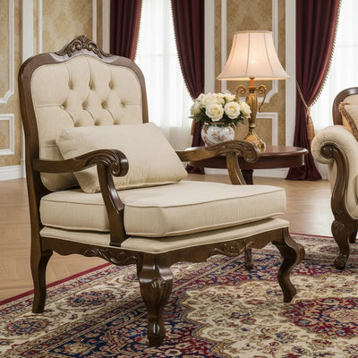 Poltrona Rei Luis XV com Capitonê - Imbuia e Linho Claro + Cores