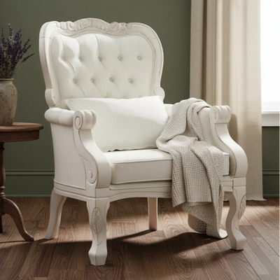 Poltrona Vitoriana Branco Pátina com Linho + Cores