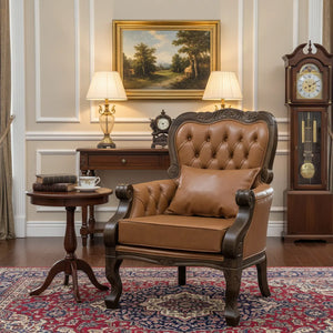 Poltrona Vitoriana Estofada em Couro Ecológico Caramelo Escuro + Cores