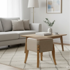 Puff Escandinavo Quadrado - Linho e Couro Sintético