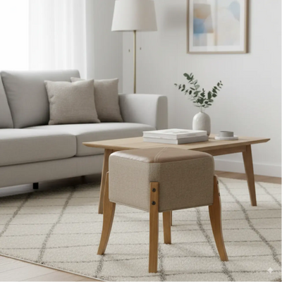 Puff Escandinavo Quadrado - Linho e Couro Sintético