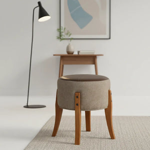 Puff Escandinavo Redondo - Linho e Couro Sintético