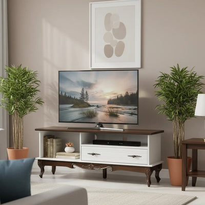 Rack Entalhado Luis XV 1 Gaveta - Branco e Imbuia + Cores