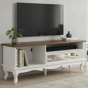 Rack Luis XV 1 Gaveta - Branco e Verniz Imbuia + Cores