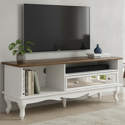 Rack Luis XV 1 Gaveta - Branco e Verniz Imbuia + Cores