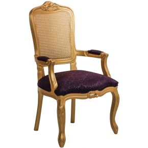 Cadeira Luis XV II Entalhada com Braço e Encosto em Tela - Dourada com Arabesco Roxo + Cores