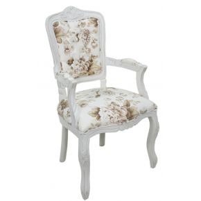 Cadeira Luis XV II Entalhada com Braço - Provençal Branca e Flores Café