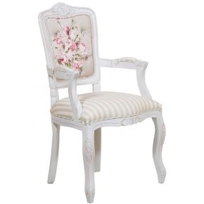 Cadeira Luis XV II Entalhada com Braço - Provençal Branca e Composê Floral Listrado