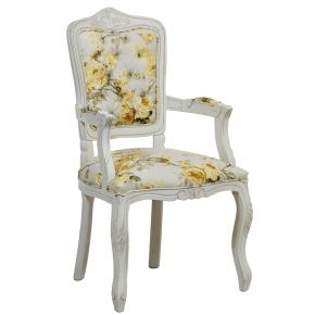 Cadeira Luis XV II Entalhada com Braço - Provençal Branca com Floral Amarelo