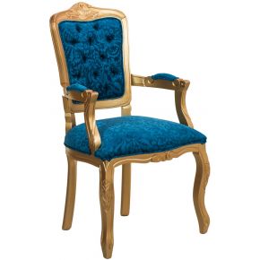 Cadeira Luis XV II Entalhada com Braço - Dourado e Azul