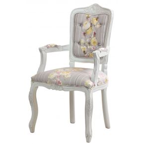 Cadeira Luis XV II Entalhada com Braço Provençal Branca - Rosas Amarelas + Cinza