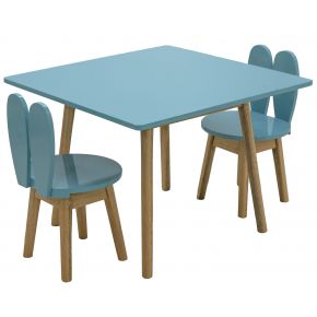 Conjunto Infantil Colorido Mesa com 1 a 4 Cadeiras Coelho Azul Turquesa e Madeira + Cores